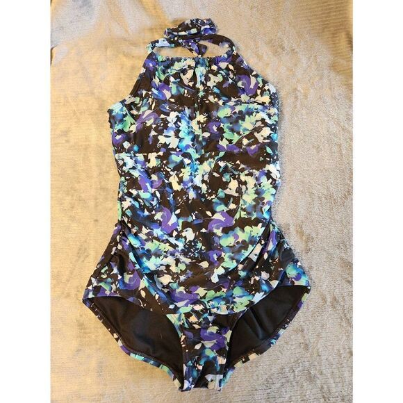 Speedo size M Blue Green Print High Neck Halter One Piece Swim Suit - Picture 1 of 3